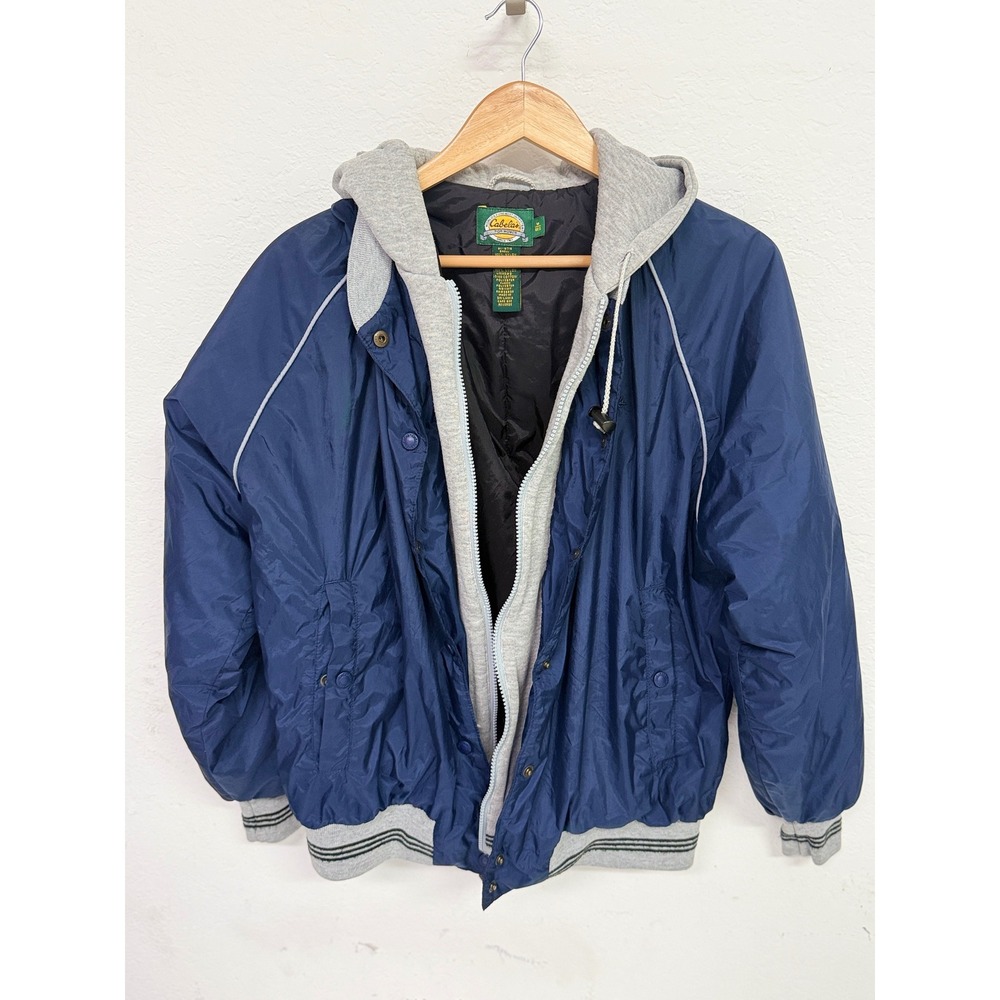 Cabelas For Women Hooded Bomber Jacket Navy Blue Grey Trim Size Medium Regular